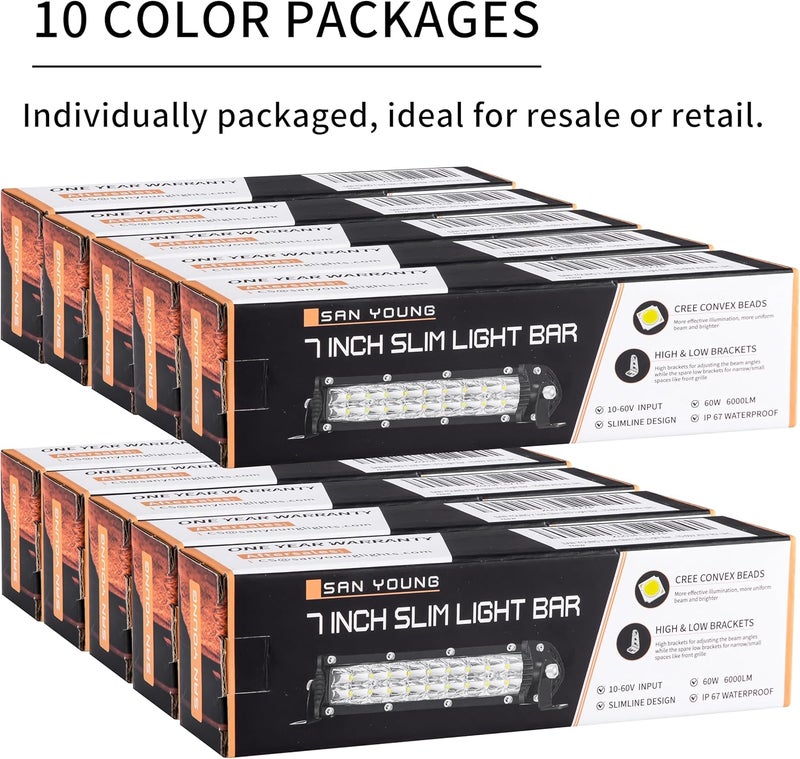 SAN YOUNG San-Young Slim 7 Inch LED Light Bars, 12V-60V Off Road Driving Truck LED Bar Lights 60W 6000lm Combo Off Road Lights, Waterproof Small Light Pods for ATV UTV RV Lawn Mower Golf Cart Boat, 10 Pack - Image 2